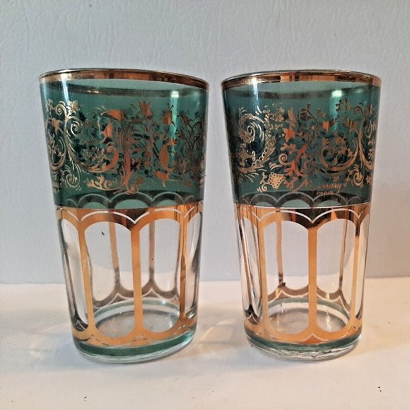 2 Moroccan Tea Glasses Missary Paris Green and Gold Juice Paisley - Picture 5 of 12